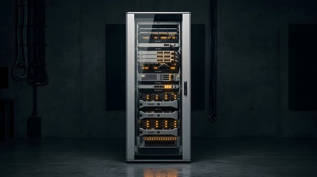 Professional server rack cabinet with glowing hardware components in a dark industrial room representing secure data storage and networking