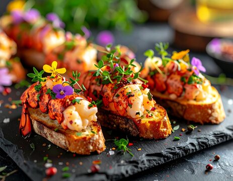 Lobster tapas bites on slate slab with micro herbs and edible flowers, elegant yet rustic street mood, sharp focus