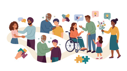 Fototapeta premium Diverse Group of People Connecting and Supporting Each Other in Community Illustration.