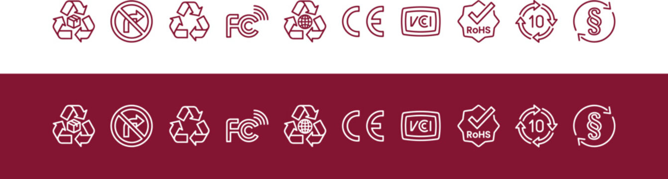 Standard Certification Marks Vector Set with CE Mark, Recycle, and Compliance Symbols