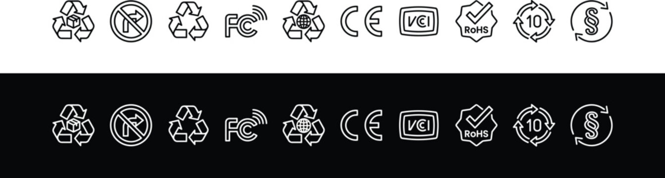 Standard Certification Marks Vector Set with CE Mark, Recycle, and Compliance Symbols