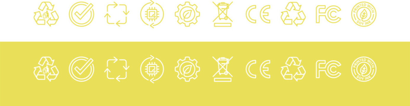 Standard Certification Marks Vector Set with Gear Shield, WEEE Wheelie Bin, and Compliance Symbols
