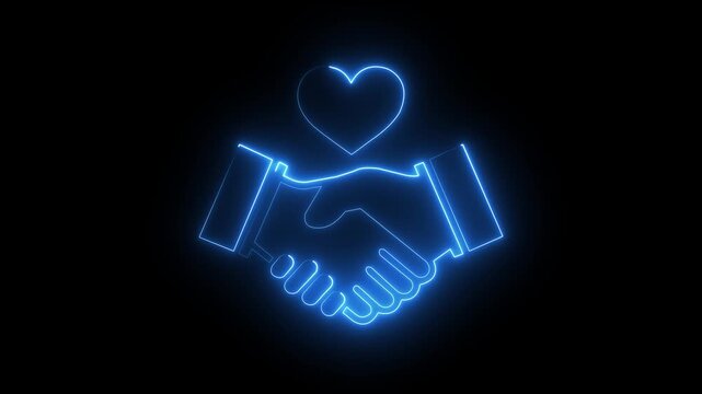 Neon glowing handshake with heart animation, business partnership and love concept, digital sign
