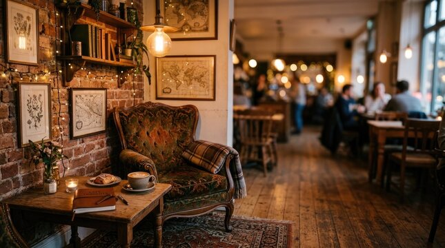 Warm light illuminates a cozy interior of a cafe. A plush, upholstered armchair sits on a rustic wooden table, adorned with a stack of books, candles, and a vintage map.