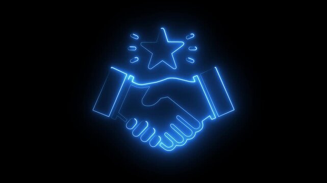 Glowing neon handshake with star symbol, business partnership and success concept animation
