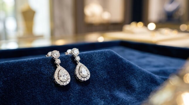 A pair of sparkling, pear-shaped diamond earrings rests on a plush, dark blue velvet display tray. The earrings feature a central, large diamond surrounded by smaller, brilliant-cut diamonds.