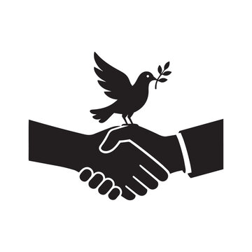 Black and White Vector Illustration of Handshake with Peace Dove and Olive Branch
