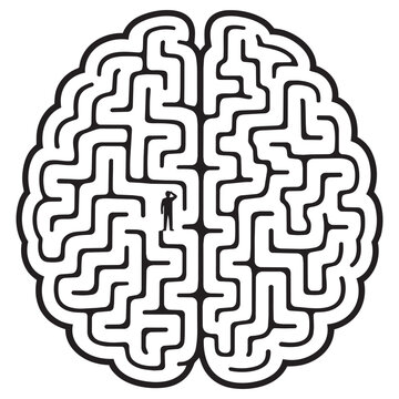 Black and White Vector Illustration of Human Brain Maze with Confused Person Inside
