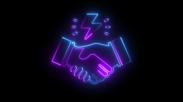 Neon handshake with lightning bolt animation, business partnership and success concept glowing