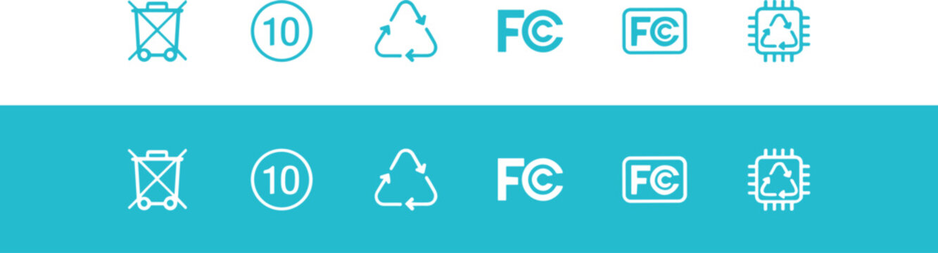 Cyan Recycling Symbol and FCC Certification Logo Set Vector Design