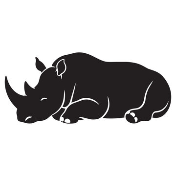 Black Silhouette Vector Illustration of a Sleeping Rhinoceros Isolated on White