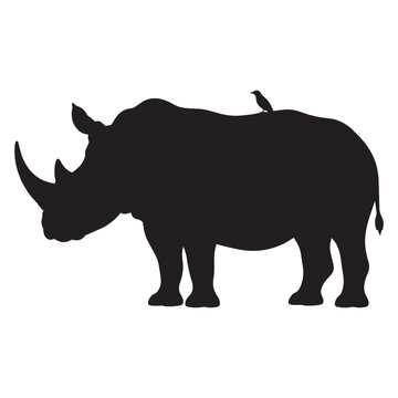 Black silhouette vector illustration of a rhinoceros with an oxpecker bird on its back