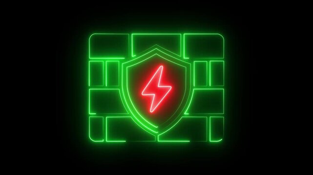 Neon firewall shield with lightning bolt symbol for cybersecurity and network protection network security