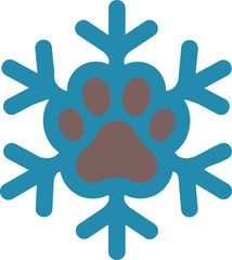 Flat vector icon of a brown animal paw print inside a blue winter snowflake shape © Be Creative
