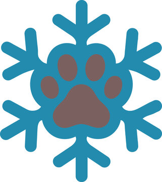 Flat vector icon of a brown animal paw print inside a blue winter snowflake shape