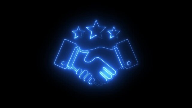 Neon glowing handshake with three stars, business partnership and success concept animation