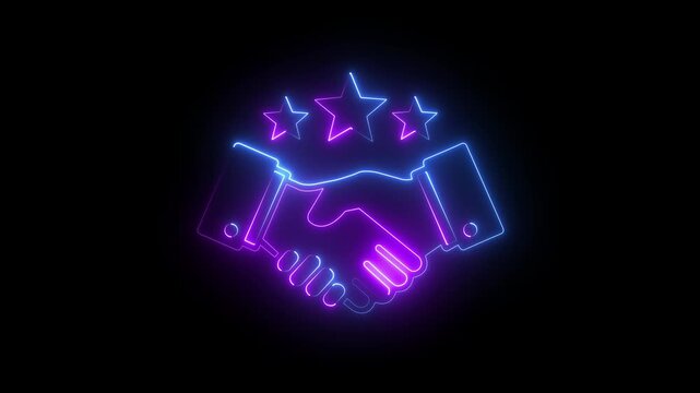 Neon handshake with three stars glowing animation for business partnership and success concept