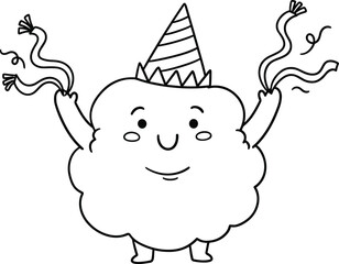 Fototapeta premium Cute cloud character wearing a party hat waving streamers thin line doodle cartoon mascot illustration