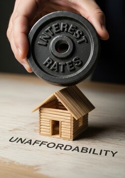 Housing Market Bubble Concept. Hand lifting a weight with the words "Interest" and "Bates" over a small wooden house and the word "Unaffordability" on a table, concept of mortgage costs