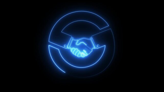 Neon handshake animation: glowing business partnership and agreement symbol for corporate presentations