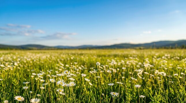 A vibrant field of white daisies stretches across a rolling green landscape under a clear blue sky. The flowers are densely packed, creating a sea of white and green.