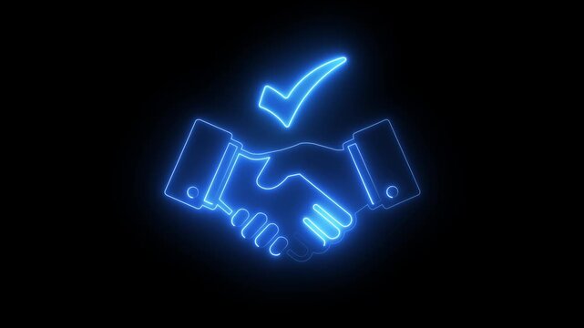 Glowing neon handshake with checkmark business partnership and agreement concept animation