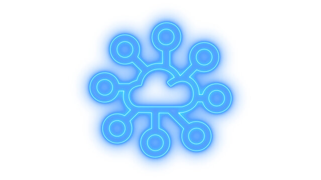 Colorful neon cloud computing network connection icon representing digital data database storage and centralized server isolated on transparent background