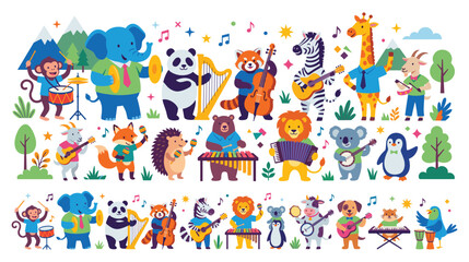Fototapeta premium Cute cartoon animals marching band playing musical instruments.