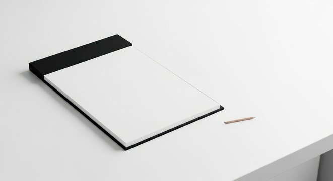 Minimalist white notebook on clean desk surface.