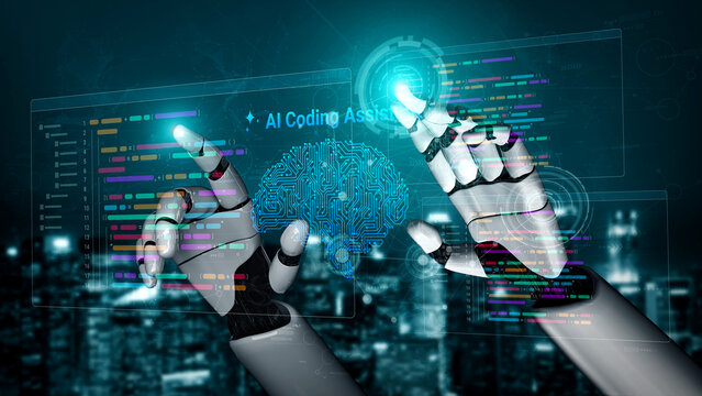 This image showcases robotic hands engaging with a sophisticated AI interface, emphasizing advanced coding assistance and data interaction in a modern technological landscape. Cyphers
