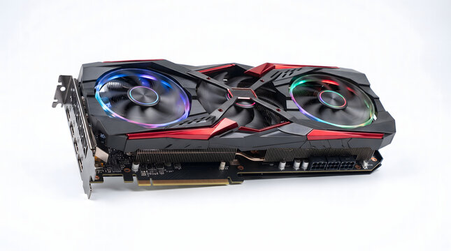 Professional-grade modern GPU featuring a triple-fan cooling system and vibrant circular RGB LED lighting. This high-end computer component is captured from a front view and isolated on a clean white 