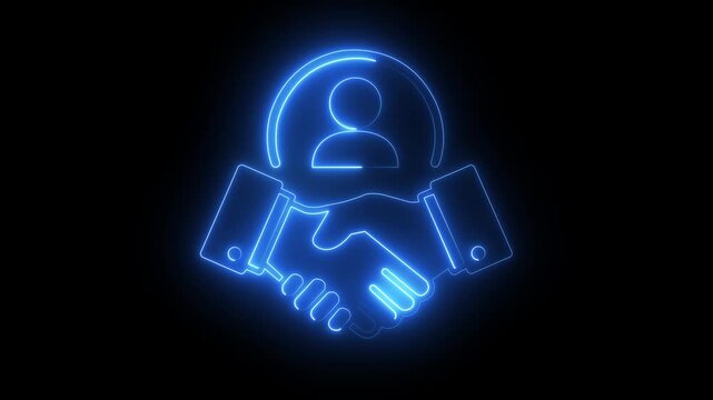 Glowing neon handshake with user profile symbol for business partnership and networking concepts