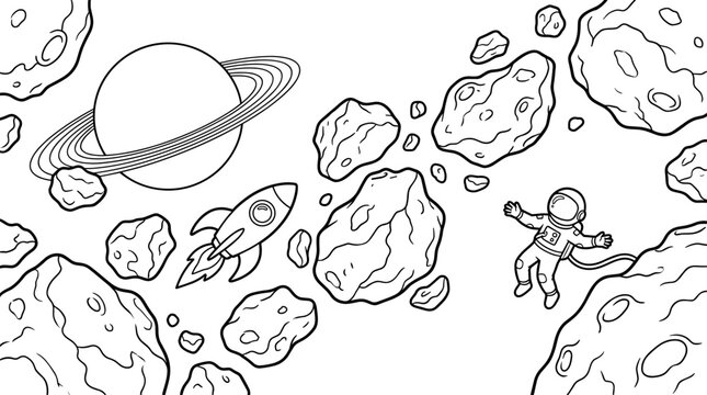 Astronaut floating in asteroid field near ringed planet with rocket, line art illustration