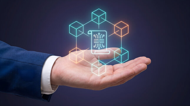 Businessman hands typing on sleek silver laptop with a glowing holographic chain link and secure digital contract document floating above the keyboard for blockchain and modern smart contracts.