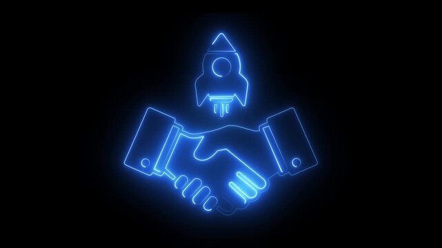Neon business handshake with launching rocket glowing startup partnership concept, digital growth and success animation