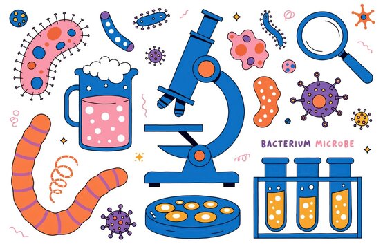 Microbiology Laboratory Equipment and Bacterium Microbe Doodle Illustration Set for Science Education