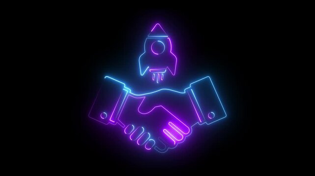 Neon business handshake with launching rocket startup partnership and growth concept animation glowing