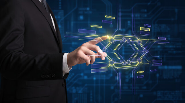 Male in business suit holding palm up supporting a complex glowing holographic cube displaying programming languages and api connection nodes in neon blue and green for software development.
