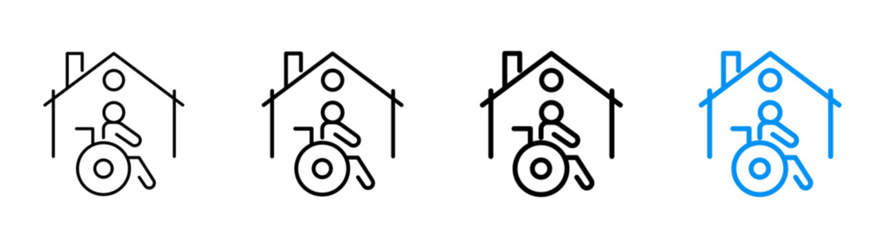 Nursing home wheelchair accessibility disability care linear icon collection design. Editable vector stroke icons