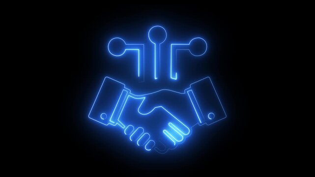 Neon digital handshake animation, business partnership and technology network concept