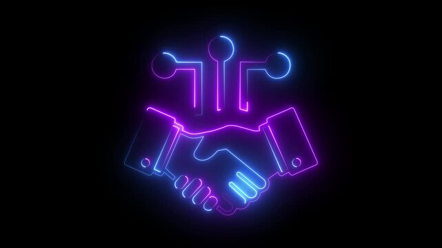 Neon digital handshake animation for business partnership and fintech technology concepts