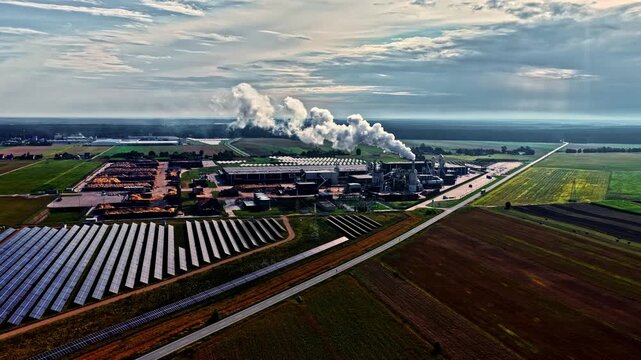 Aerial view of an industrial facility with smoke rising from chimneys and rows of solar panels in the surrounding fields in Suwalki, Podlaskie Voivodeship, Poland.