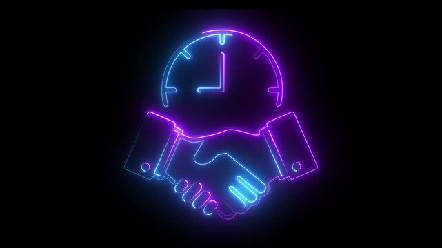 Neon business handshake and clock animation: symbolizing timely partnership and efficiency