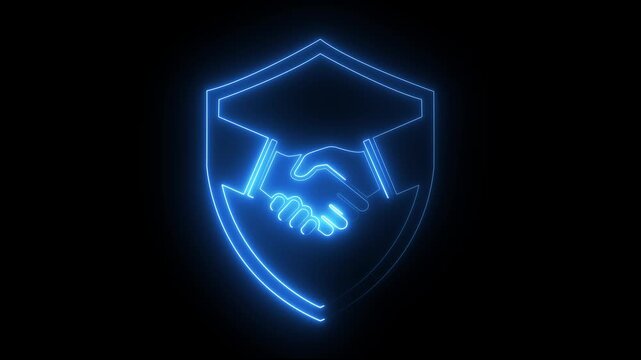 Neon glowing handshake inside shield business partnership and security concept animation