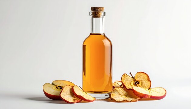 Glass bottle of apple cider vinegar with fresh apple slices.