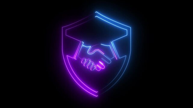 Neon shield handshake animation, business security and trust concept, glowing cyber protection symbol