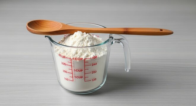 Wooden spoon in glass measuring cup with flour.