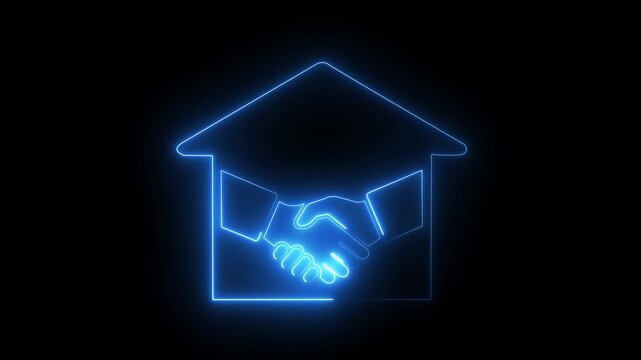 Neon real estate handshake glowing blue house and business deal symbol for property marketing