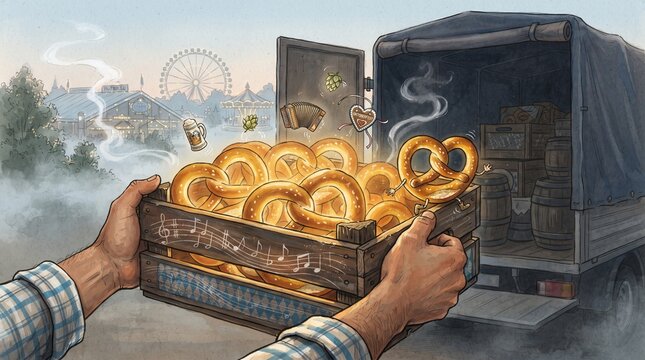 Hands holding a wooden crate of pretzels at Oktoberfest event  