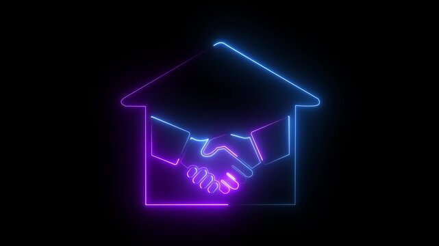 Neon real estate handshake glowing home property deal and business partnership symbol